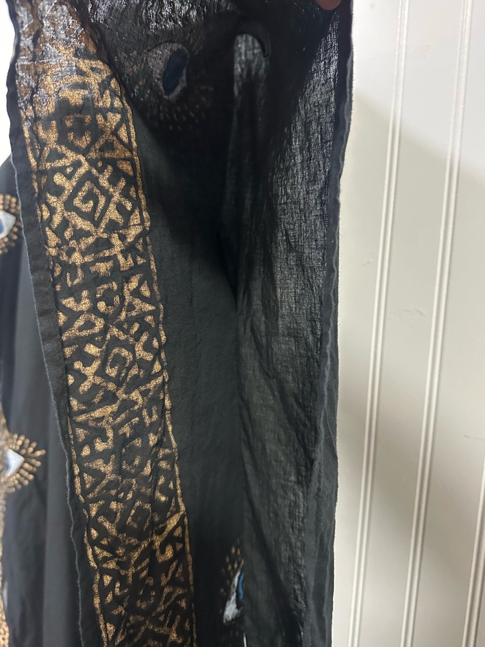 Black Evil Eye Gold Accent Kaftan Boho Coastal Luxe Mediterranean Cotton Coverup - Picture 8 of 12